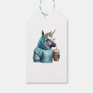 Etiqueta Para Presente Um unicórnio com capuz bebe um café. 1