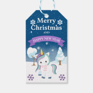 Etiqueta Para Presente Unicórnio de Natal Festivo Azul e Púrpura