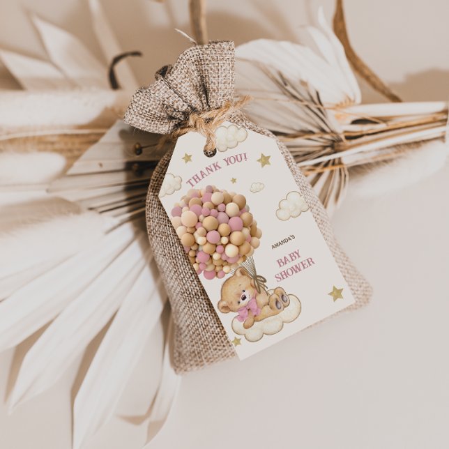 Etiqueta Para Presente Ursa Boho Rosa Balão Chaveirinho de Agradecimento  (Criador carregado)