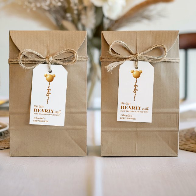 Etiqueta Para Presente Ursa Dourada Minimal Urso Balão Mal Posso Esperar  (Criador carregado)