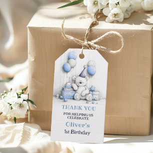 Etiqueta Para Presente Ursa Teddy Azul Fofa Obrigado pelo 1º Aniversário