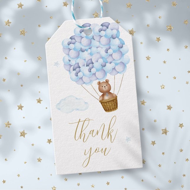 Etiqueta Para Presente Ursinho Balões Azuis Dourado Script Obrigado (Teddy Bear Blue Balloons Gold Script Thank You Gift Tags)