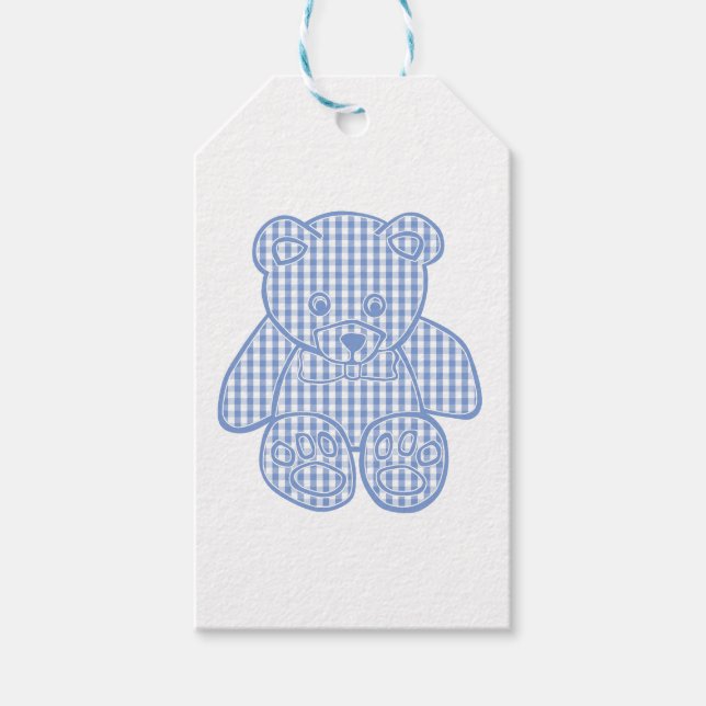 Etiqueta Para Presente Urso Clássico De Folha Azul Pálida Gingham (Frente)