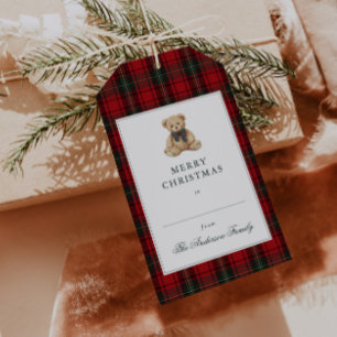 Etiqueta Para Presente Urso de Natal Xadrez Vermelho