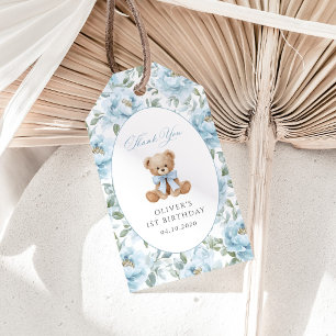 Etiqueta Para Presente Urso de Pelúcia, Laço Azul, Flores Azuis, Primeiro