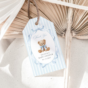 Etiqueta Para Presente Urso de Pelúcia, Laço Azul, Listras Azuis, Chás de