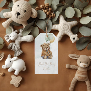 Etiqueta Para Presente Urso de Pelúcia Marrom Verde Sage Balões Bebê