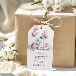 Etiqueta Para Presente Urso de pelúcia rosa fofo agradecimento de 1º aniv