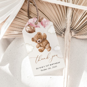 Etiqueta Para Presente Urso de Teddy, Balões Rosa, Primeiro Aniversário