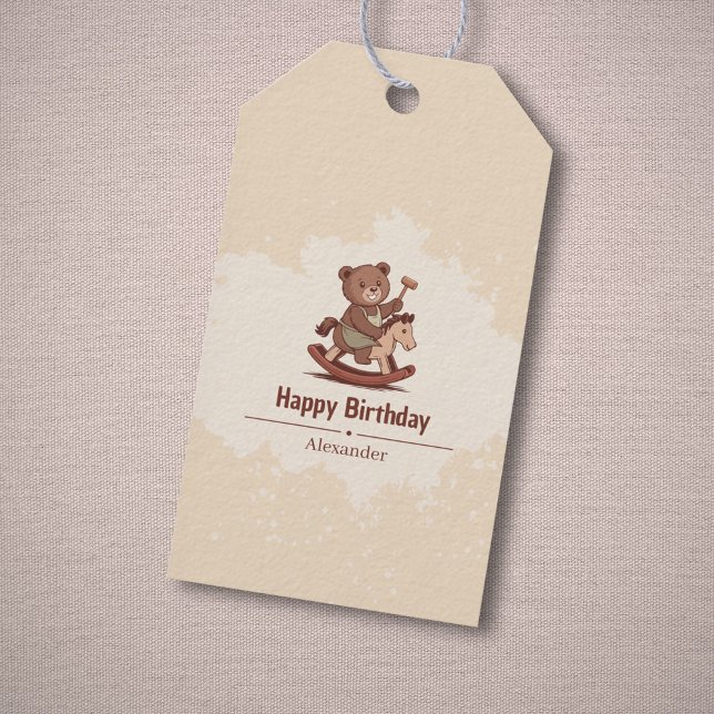Etiqueta Para Presente Urso de Teddy cavalgando um Cavalo Fogueiro (Teddy Bear riding a Rocking Horse Gift Tags)