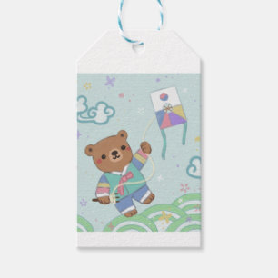 Etiqueta Para Presente Urso de Teddy em Hanbok: Voando de Kite