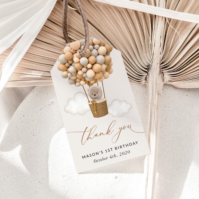 Etiqueta Para Presente Urso Gelado, Balões de Beige, Primeiro Aniversário (Criador carregado)