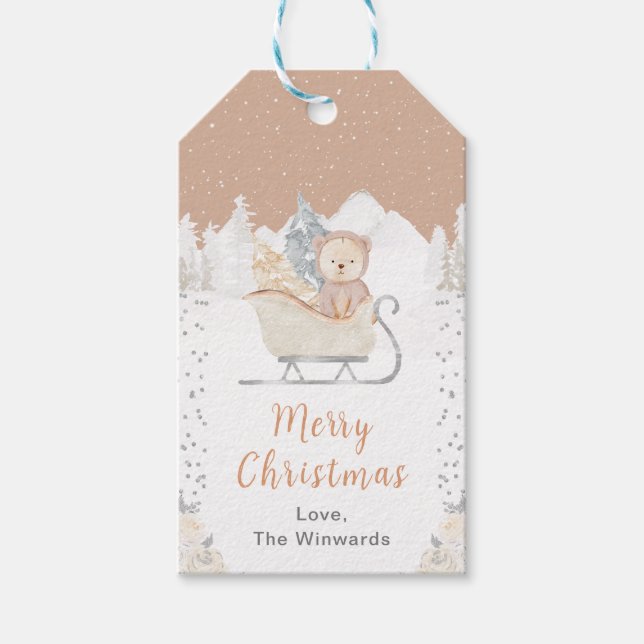 Etiqueta Para Presente Urso Marrom de Trenó Natal Feliz (Frente)