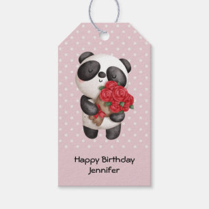 Etiqueta Para Presente Urso Panda Fofo com Buquê de Rosas de Aniversário
