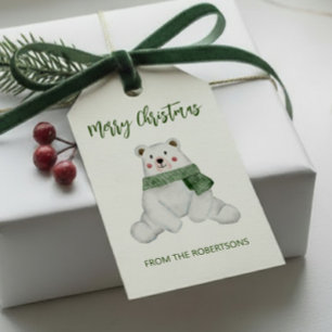 Etiqueta Para Presente Urso Polar Fofo Vestindo Cachecol Verde Natal