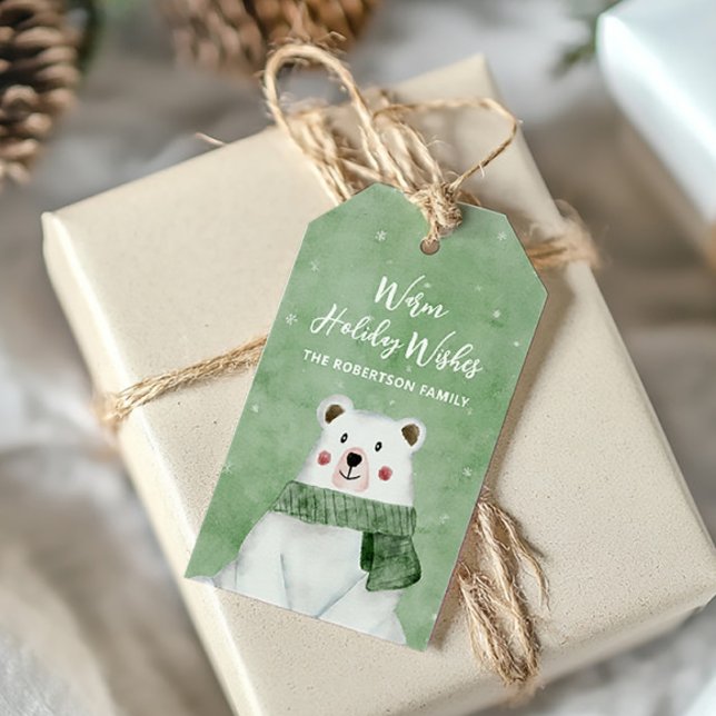 Etiqueta Para Presente Urso Polar Vestindo Cachecol Verde Desejos Quentes (Criador carregado)