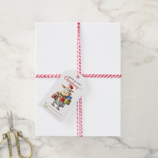 Etiqueta Para Presente Vaca de Natal com Trocadilho  (Com cordão)