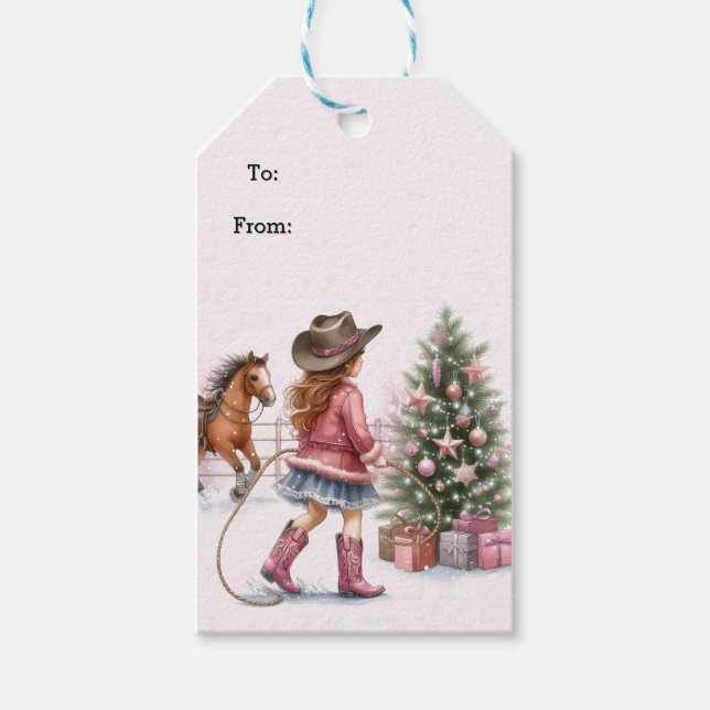Etiqueta Para Presente Vaqueira Rosa Laçando o Natal  (Frente)