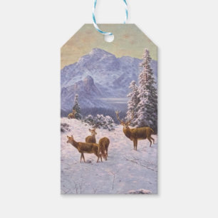 Etiqueta Para Presente Veado com rebanho no inverno, inverno