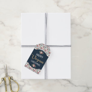 Etiqueta Para Presente Vegan Natal retro azul e dourado floral