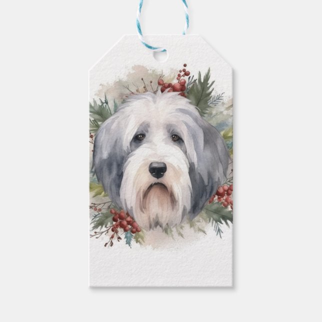 Etiqueta Para Presente Velha Inglês Sheepdog Christmas Wreath Festivo Pup (Frente)