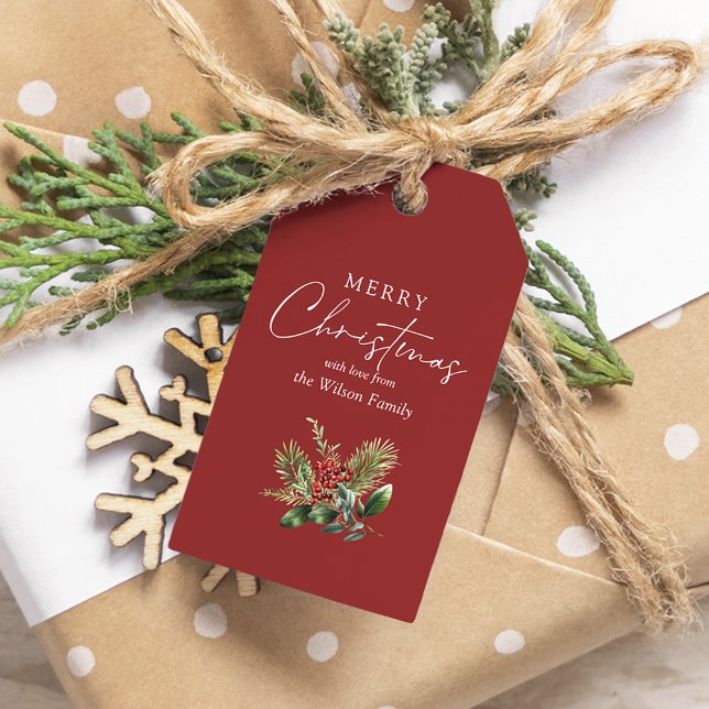 Etiqueta Para Presente Verde Botânico Simples Elegante de Natal Vermelho (Criador carregado)