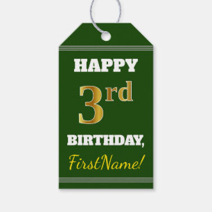 Etiqueta Para Presente Verde, Faux Dourada aniversário de 3 anos + Nome