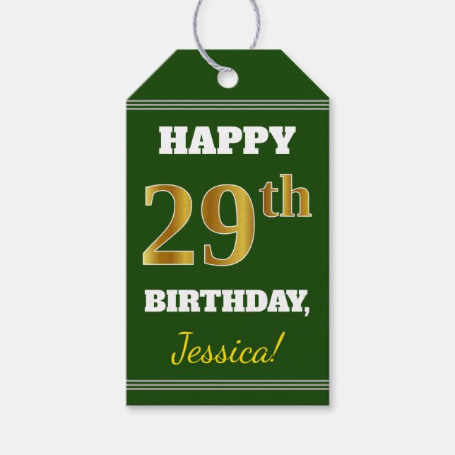 Etiqueta Para Presente Verde, Faux Dourado 29º Aniversário + Nome Persona (Frente)