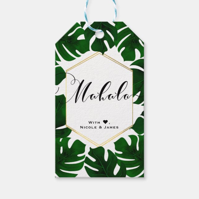 Etiqueta Para Presente Verde - Folhas Tropicais Branco - Chic Dourado MAH (Frente)