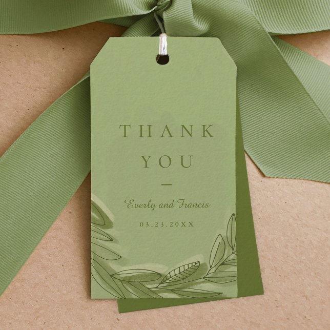 Etiqueta Para Presente Verde Watercolor Wreath Obrigado (Green watercolor wreath Thank You wedding favor gift tags.)