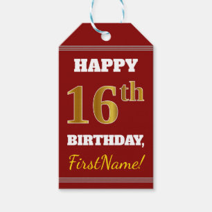 Etiqueta Para Presente Vermelho, Faux Dourado 16.º Aniversário + Nome P