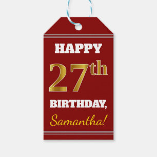 Etiqueta Para Presente Vermelho, Faux Dourado 27º Aniversário + Nome Pers