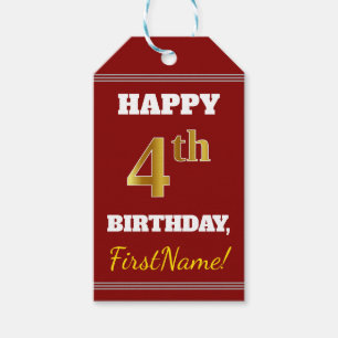 Etiqueta Para Presente Vermelho, Faux Dourado 4º Aniversário + Nome Per