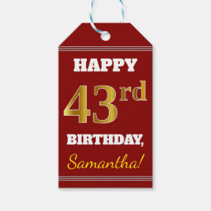 Etiqueta Para Presente Vermelho, Faux Dourado 43º Aniversário + Nome Pe