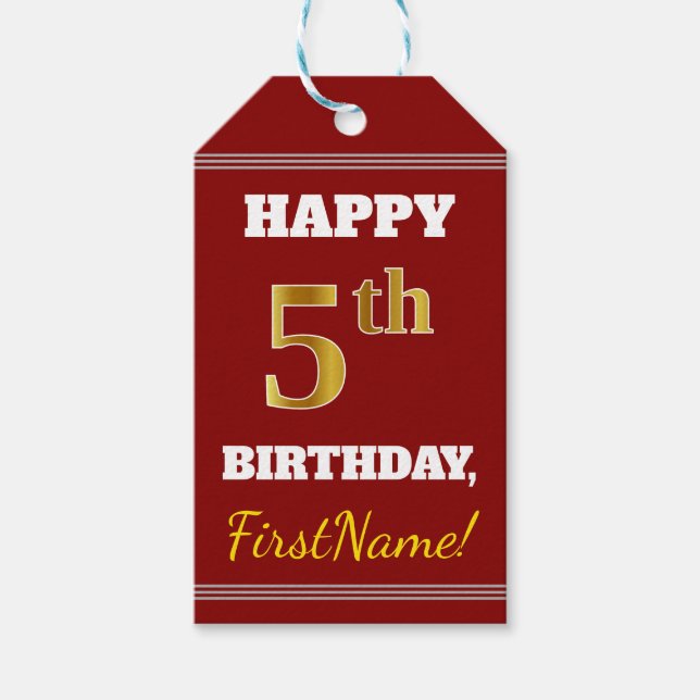 Etiqueta Para Presente Vermelho, Faux Dourado 5 Birthday + nome personali (Frente)