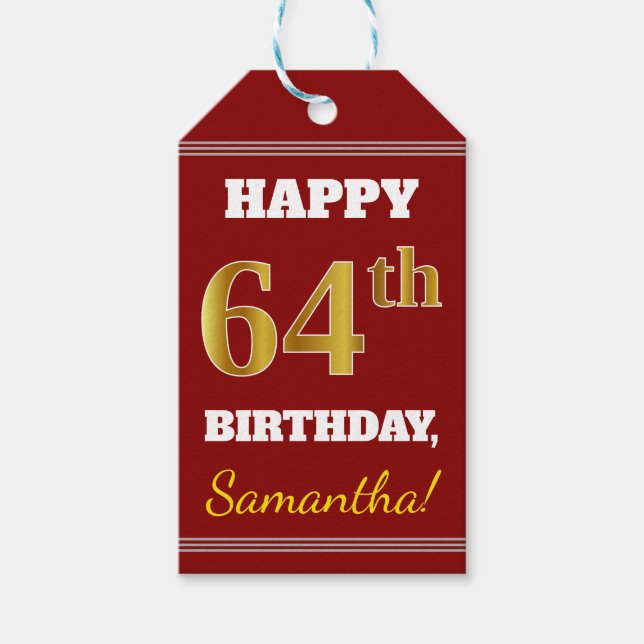 Etiqueta Para Presente Vermelho, Faux Dourado 64º aniversário + Nome Pers (Frente)