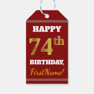 Etiqueta Para Presente Vermelho, Faux Dourado 74. Aniversário + Nome Per