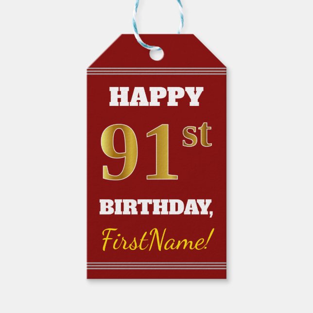 Etiqueta Para Presente Vermelho, Faux Dourado 91rua Aniversário + Nome Pe (Frente)