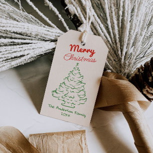 Etiqueta Para Presente Vermelho Verde Retro Árvore de Natal Desenhada à M