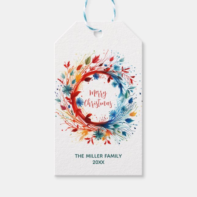 Etiqueta Para Presente Vibrante Aquarela Merry Christmas Wreath (Frente)
