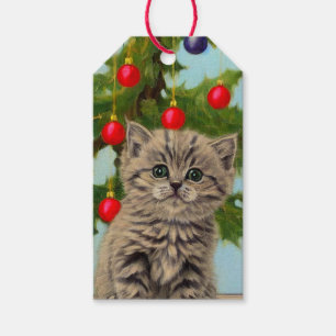 Etiqueta Para Presente Vintage Cat e Árvore de Natal