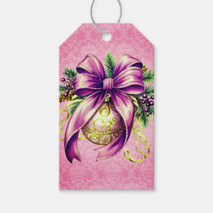 Etiqueta Para Presente Vintage Damask Purple Pink Ornaings Natal