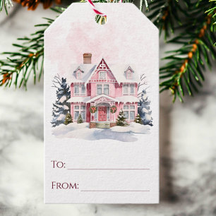 Etiqueta Para Presente Vintage House Watercolor Natal Pink Inverno