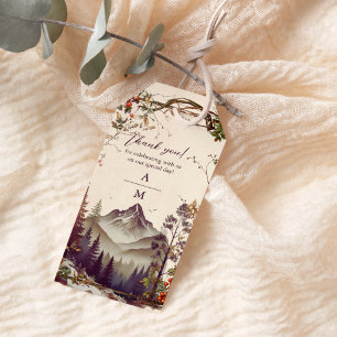 Etiqueta Para Presente Vintage Mountain Forest Evergreen Tree Weding