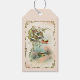 Etiqueta Para Presente Vintage Pink Christmas Winter Bird Scense