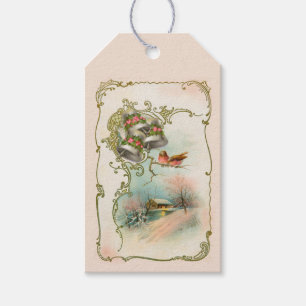 Etiqueta Para Presente Vintage Pink Christmas Winter Bird Scense