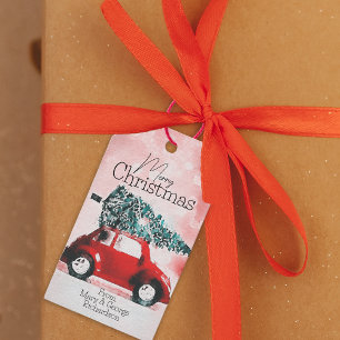Etiqueta Para Presente Vintage Red Car com Árvore de Natal Ligada ao Telh