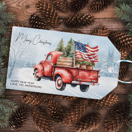 Etiqueta Para Presente Vintage Red Christmas Truck USA Flag Patriotic
