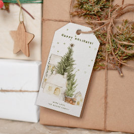 Etiqueta Para Presente Vintage Watercolor Green Village Happy Holidays 