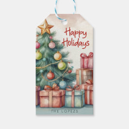 Etiqueta Para Presente Vintage Watercolor Ornamentos de Árvores de Natal